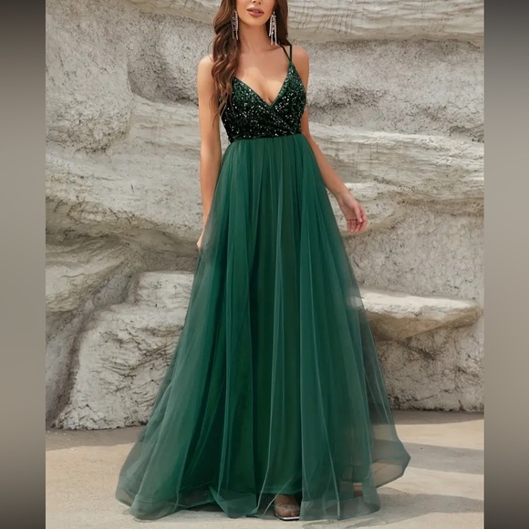 Luxe lace up back mesh sequins bodice party formal prom wedding gown dress - Picture 16 of 16